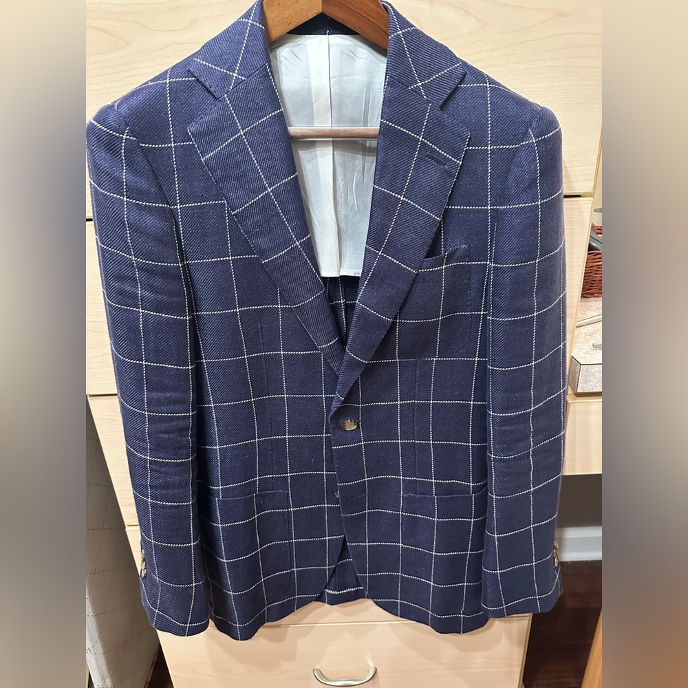 Suitsupply Hudson 34R Havana Fit Pure Linen Windowpane Navy Blue Jacket